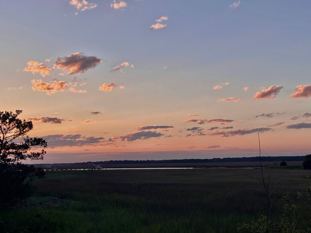 Zoomed in on the distant dock a long strip of clouds lined the horizon in a soft lavender color. More clouds reach out shifting from a vibrant white ish yellow to the pink and lavender hues across the peach colored sky. The grasses in the marsh move gently with the breeze