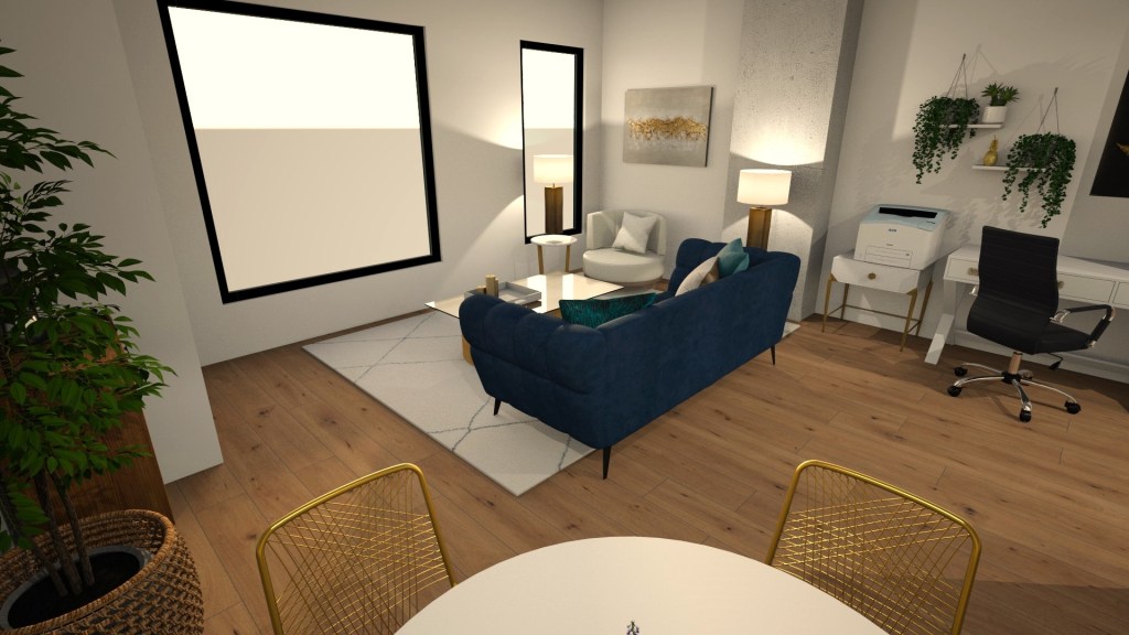 From seated at the dining room table you look across and see the golden wire chairs, which compliment the hints of gold across the rest of the living space. The living room expands across the front of the room gazing out over the city through large iron framed windows, while across from you to the right is a small office area. Golden accents have been used in the lamps, table legs and pulled into the artwork.