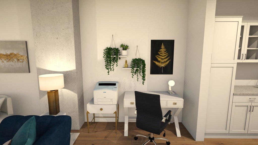 Zooming in on the office space now, a golden painting that hangs above the boucle chair helps to accentuate the golden features used in the office. A small white printer table and white desk both with gold knobs line the wall. Above, floating shelves are adorned with vining plants and paired with a black and gold painting.