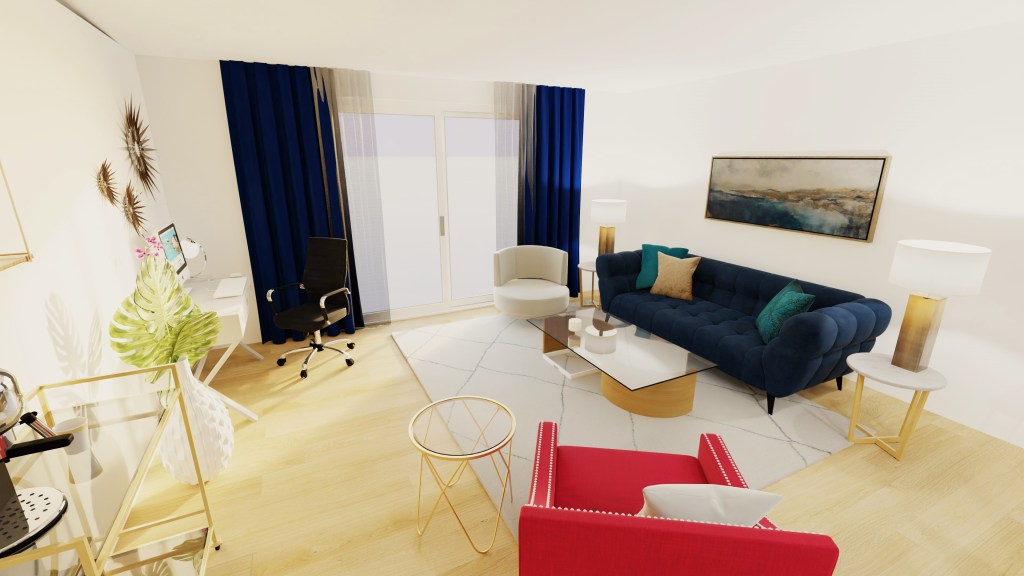 As you walk past the kitchen you can see the living room, large navy curtain hang from floor to ceiling on the far wall framing large patio doors outside. There’s a gold bar cart nearest to you on the left and a bright pink chair facing the remainder of the furniture arrangement. A large white vase on the floor full of monstera leaves separates off a small corner office from the main view.