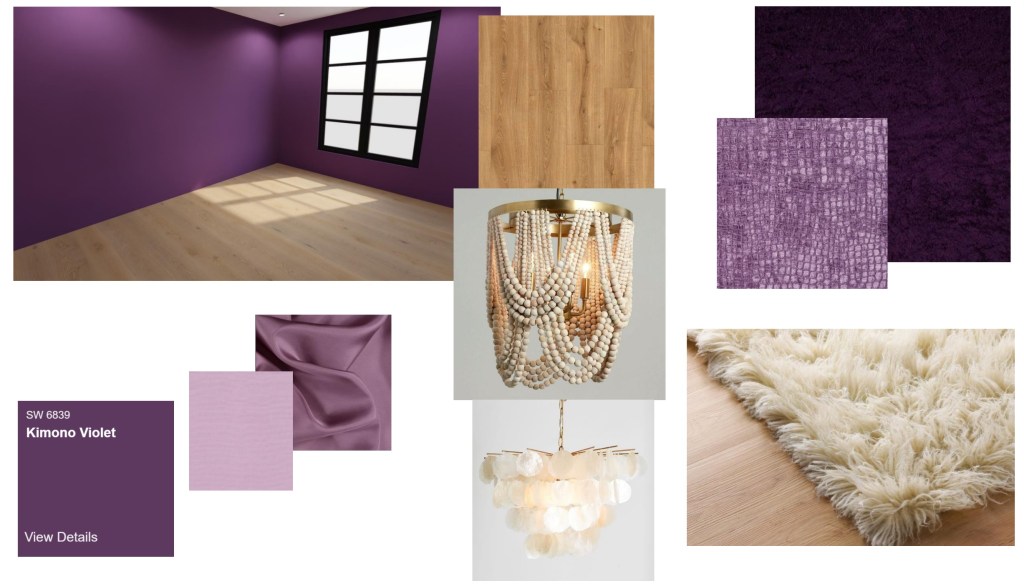 2nd color mood board shows the same bedroom in a deeper purple called kimono violet, it has been paired with dark purple, lavender, lilac and a shimmery soft purple mauve silk, along with a warm light wood tone, white beaded or capiz shell light fixtures and a textured cream fur rug
