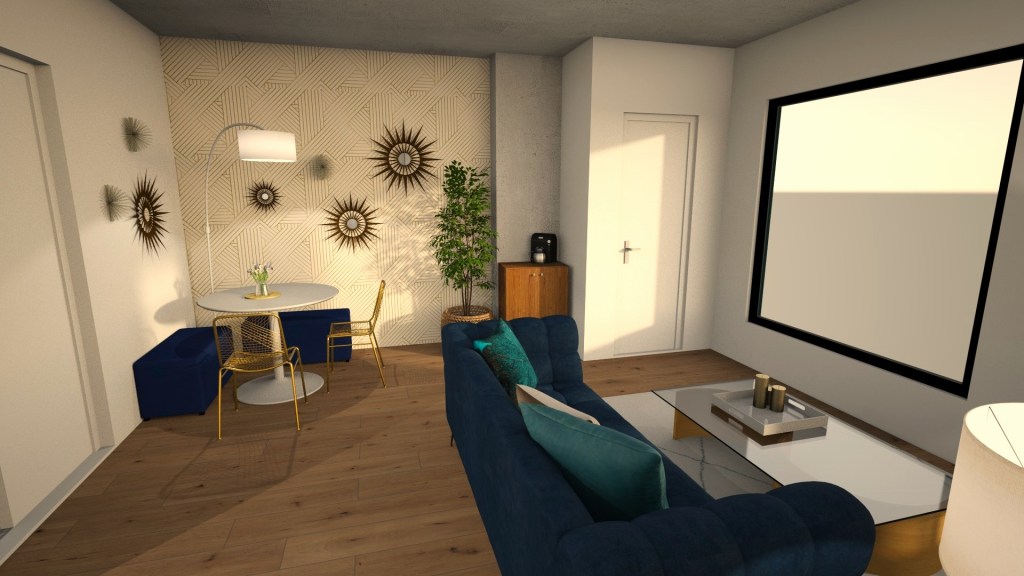 Standing at the entry to the main living space the apartment's focal point are two large windows overlooking the city. The large navy couch faces the windows to take full advantage of the view. To the left is a nice defined walk way to the dining nook. This space has a large open concept that we've intentionally divided into the dining area, a coffee nook, a living space, and an office that is just out of sight.