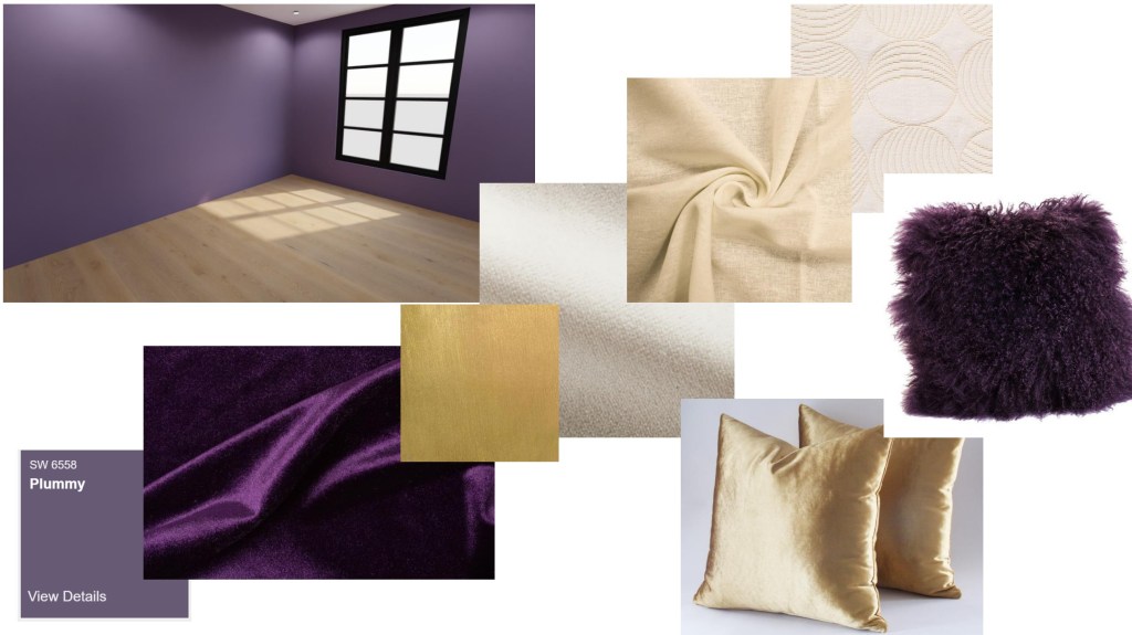 color mood board, the top left shows a small bedroom painted in a plum color with hardwood floors. The complimentary colors are deep purple, gold, various cream and linen tones, and some sample pillows in rich eggplant and shiny gold