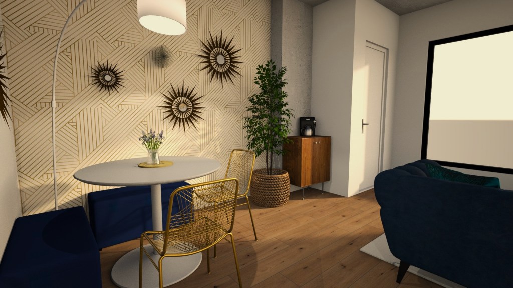 Moving along the back wall towards the dining nook you see a white round table is paired with golden wire chairs in the corner. Two navy ottomans line the walls to open up seating around the table. An arching lamp hangs over the center of the table. The wall has been done in a golden geometric wallpaper. Large gold sunburst mirrors span the wall as decor. In the far corner moving towards the windows a wooden accent cabinet is paired with a large fig tree to create a coffee station.