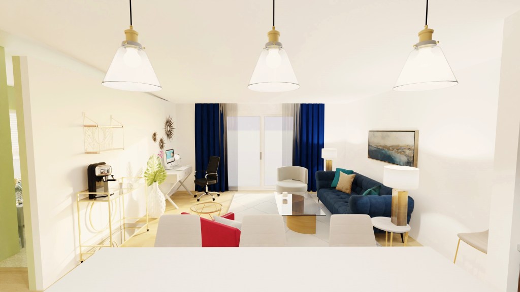 View of condo from kitchen, the new gold pendant lights hang down framing the view where the remainder of the living room design glows in the background