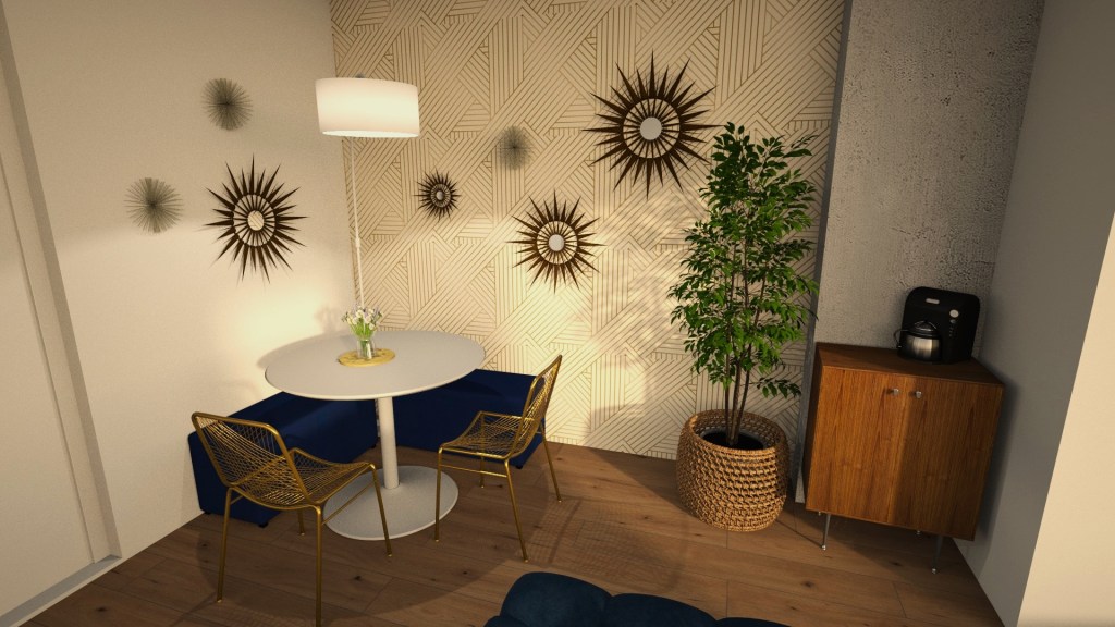 Walking now around the space entering the living room we take one last look back at the dining area to view it as a whole. The wallpaper is along the right wall, but the sunburst mirrors on the right wall continue to wrap along the left wall defining the dining nook as its own space.