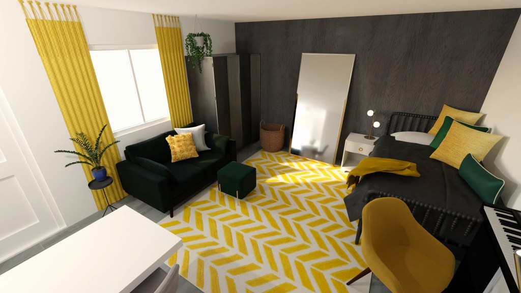 A full scale rendering of a small studio apartment. A kitchen is off to the left, island slightly out into the space with a large open area ahead. The accent wall is done in a rich grey wood paneling. Against the window on the left is a green sofa topped with white and gold pillows paired with a green ottoman. The window is framed with long golden curtains. A built in closet sits to the right. A large gold and white patterned rug spans between the couch and the twin bed, situated like a day bed in the opposite corner with gold and green pillows lining the green bedding. Along the accent wall between the closet and bed is a large scale gold mirror that reflects light into the space, a small end table with a light next to the bed and a rattan basket for storage. At the foot of the bed sits a yellow accent chair being used as a piano stool.
