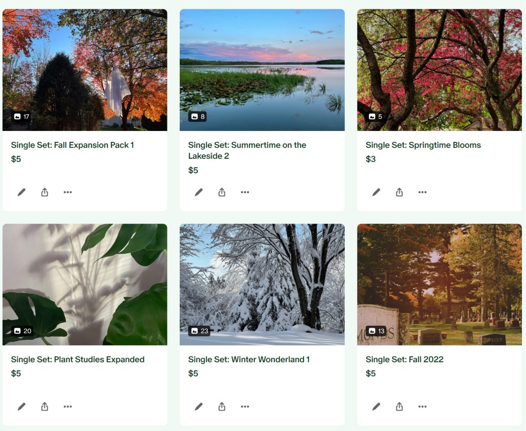 screen shot of my new patreon shop showcasing my latest single set collections. There's fall and summer lakeside and springtime photo sets in addition to plant studies, winter wonderland and original fall sets starting at $3