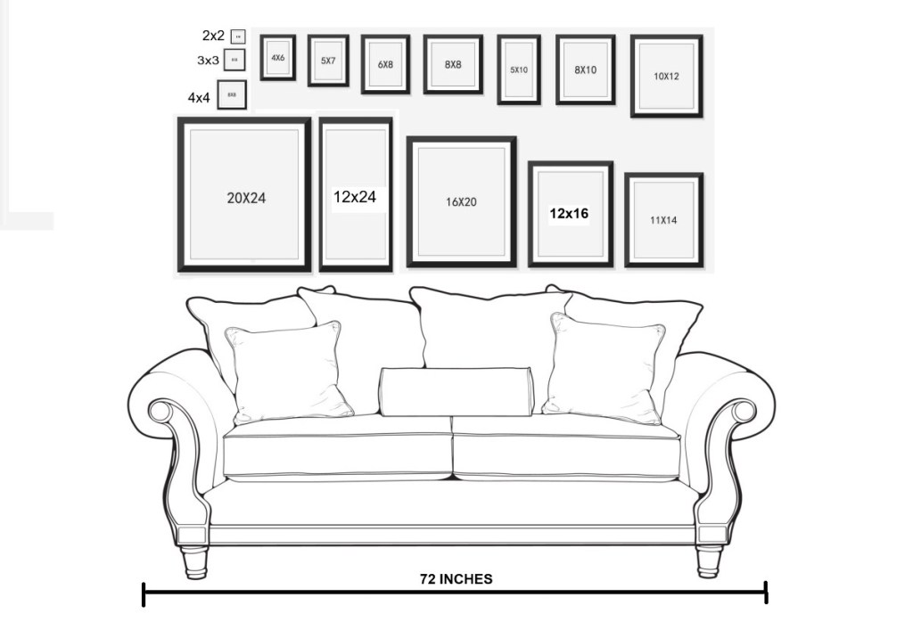 A black and white diagram of various painting sizes above a standard 72 inch couch to show scale. On the base row above the couch starting on the right a 20x24 and 12x24 frame are next to each other, taking up 1/3 of the couch. This is followed by a 16x20, 12x16, and 11x14 which take up the remaining distance across the couch each getting smaller in scale.
Above this base row is a set of ascending sizes starting with a 2x2, 3x3, and 4x4 stacked next to a 4x6. Then moving right the size slowly increasing going from 5x7, 6x8, 8x8, 5x10, 8x10, and ending with a 10x12. 