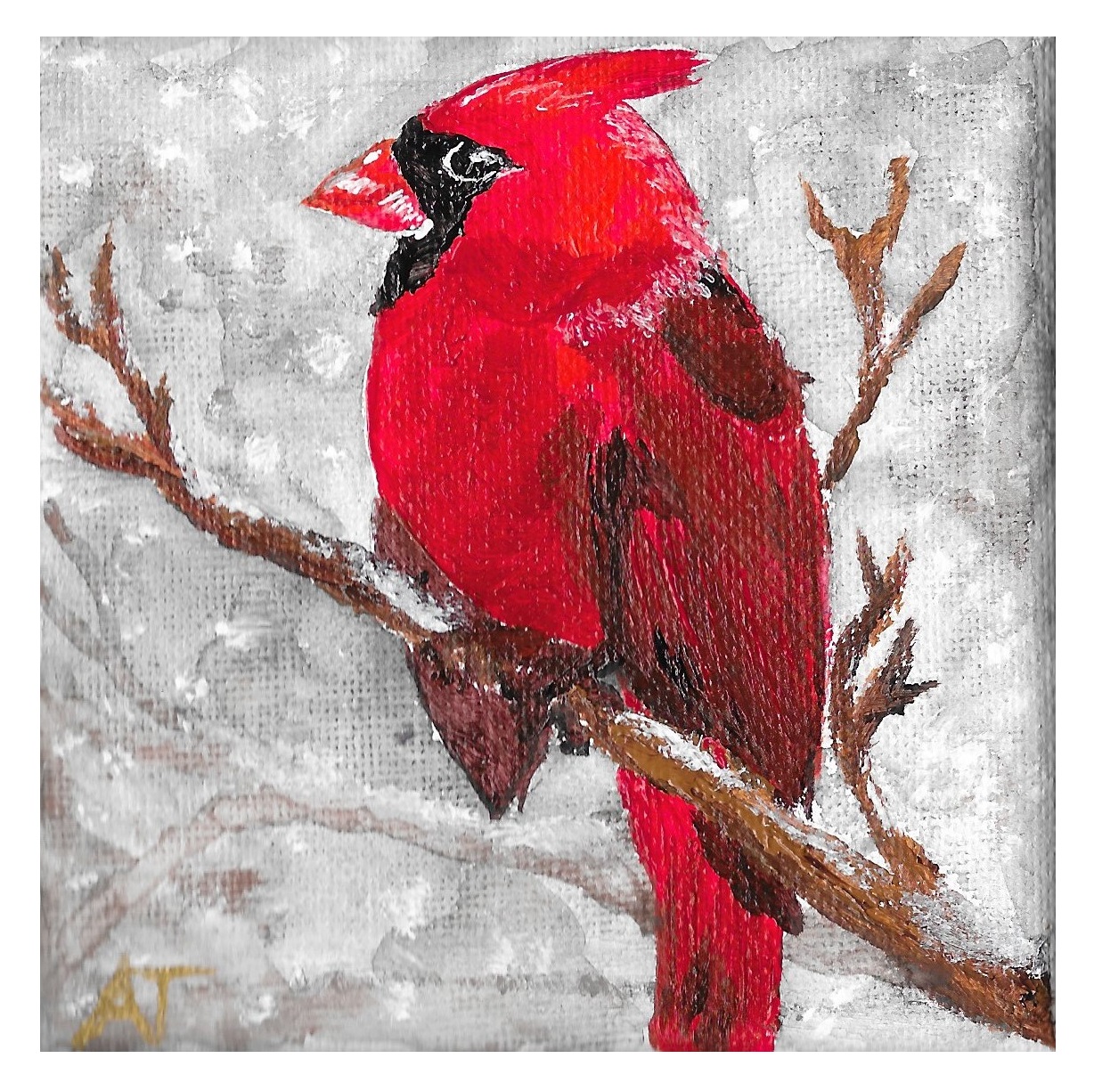 a red cardinal in acrylic on a snow covered branch with a faded snow scene behind it