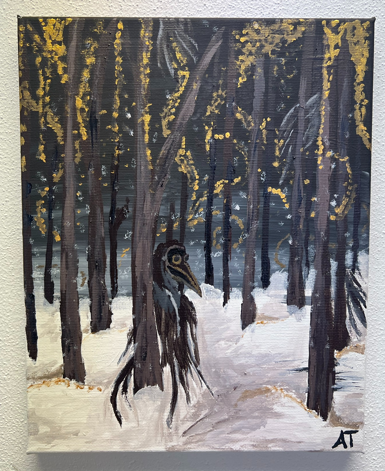 In a magical forest at night snow covers the ground as tall narrow black trees reach up towards the sky. A harbinger figure appears behind a tree, others seemingly flying about. Gold dust swirls downward from the top