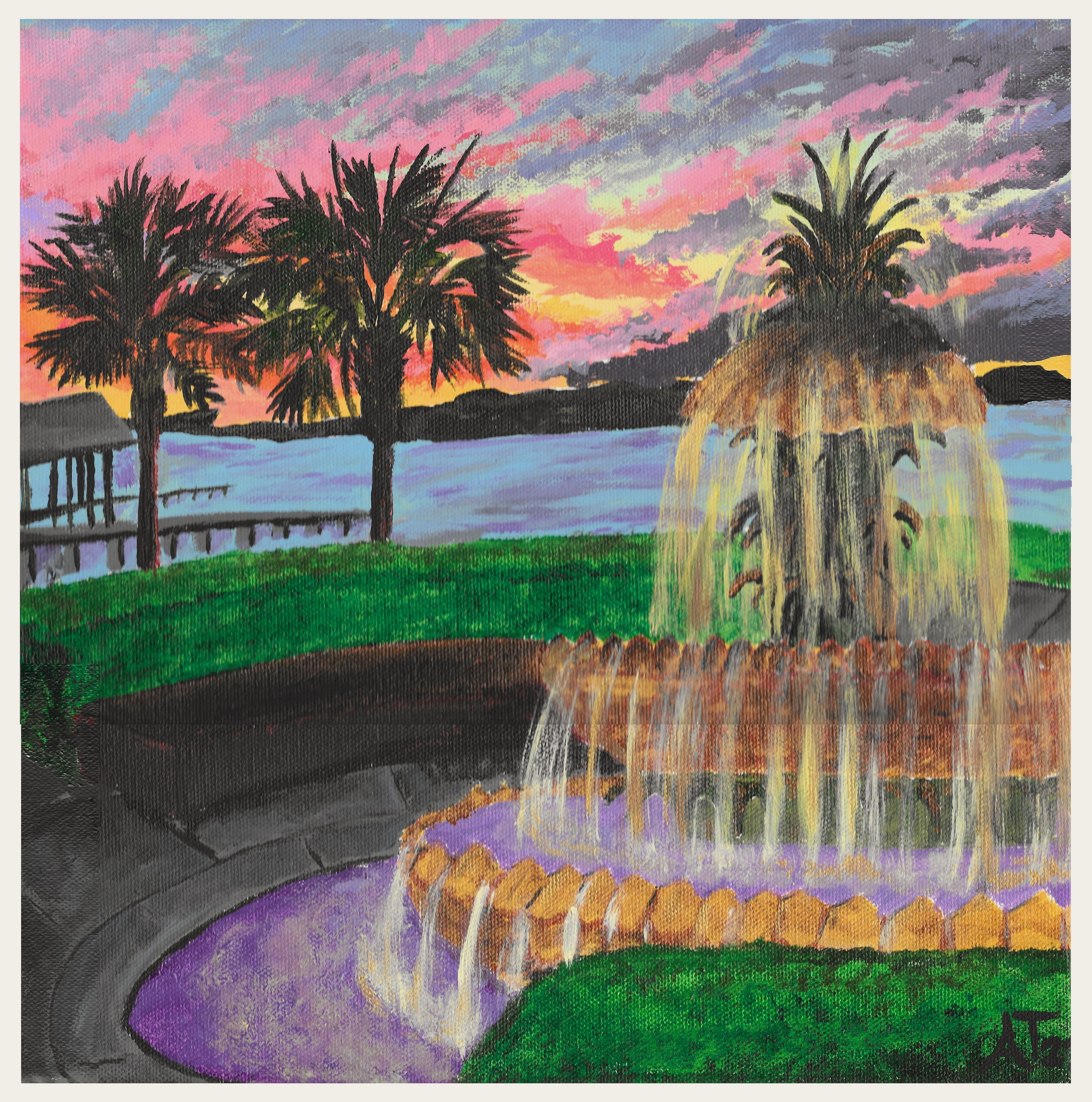 a painting of the pineapple fountain in charleston at night, the fountain glowing yellow capturing the suns last rays, the distant sky a vivid striping of corals and pinks fading to deep lavender and grey. To pals line the shoreline to the left of the fountain