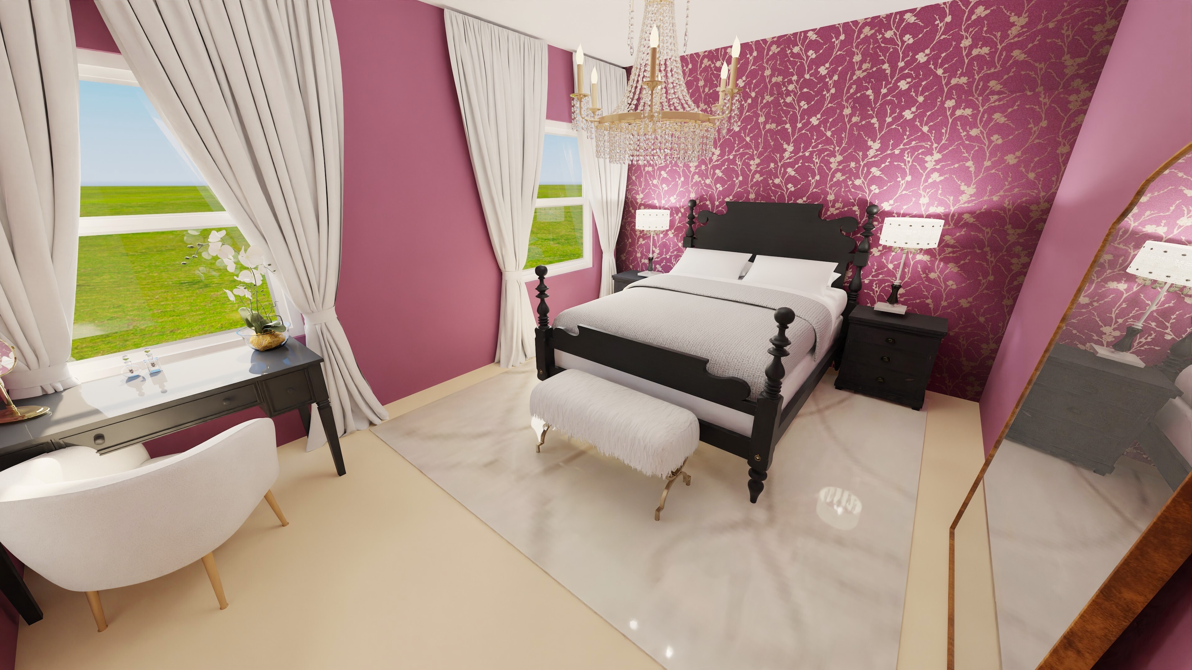 A wide angle view of the mauve toned master bedroom rendering, the bedroom is large with two windows opposite the door framed by large white curtains. Ahead to the left sits a black vanity with a white chair. Against the wall on the right, which is done in beautiful gold decroated branches on mauve wallpaper sits a black poster bed flnaked by black end tables topped with lamps. The bed has an ottoman at the base and a large crystal chandlier ahead.
