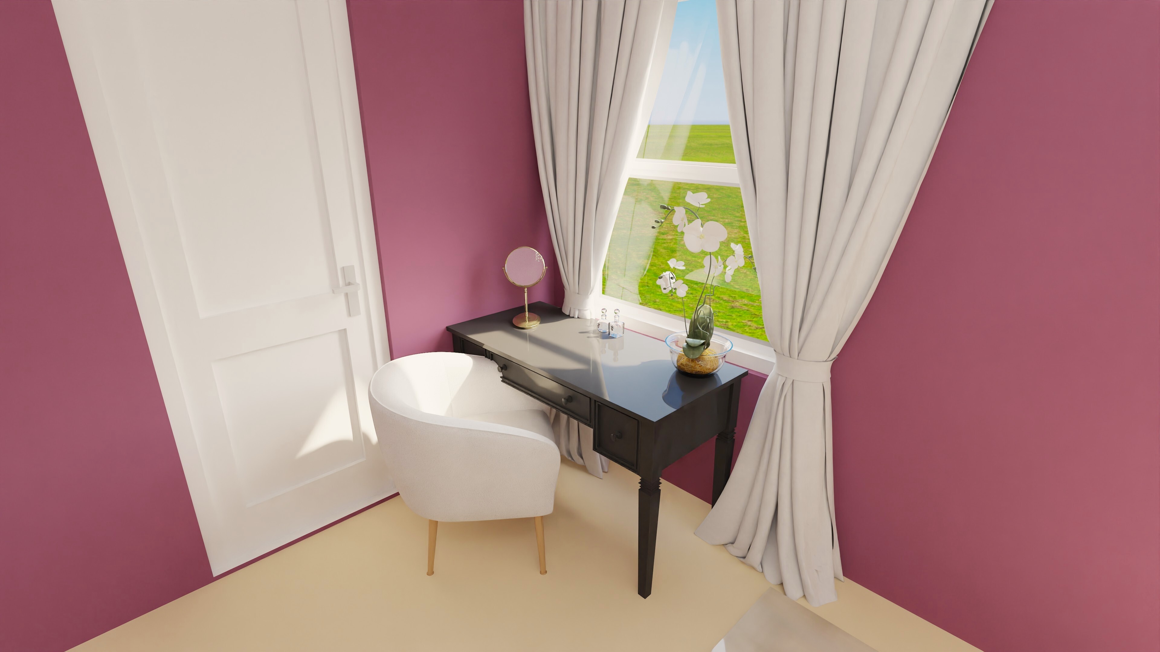 A close up on the corner with the black vanity. It i stopped with decorative perfume bottles, a small mirror, and an orchid. A velvet white chair with golden legs is tucked below.