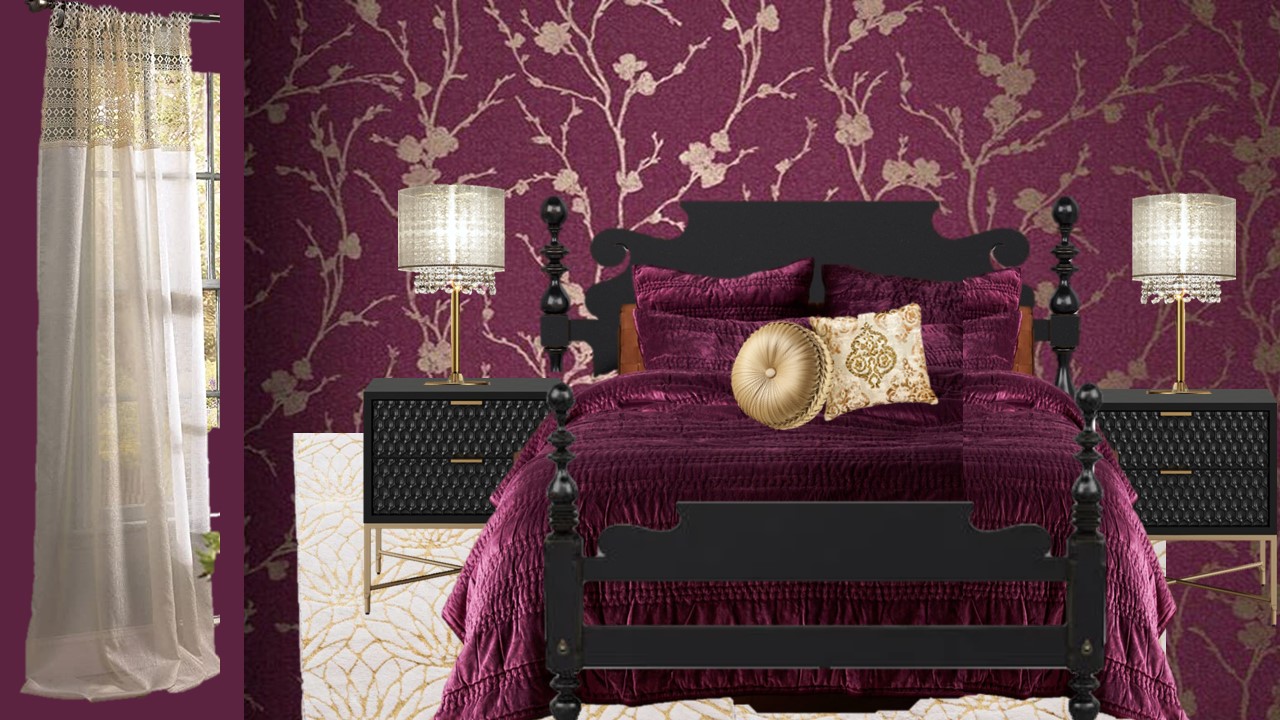 A collage of actual selections in the room gives a more vivid visual of the gold and muave wallpaper. The bed flanked by black shiny honeycomb end tables, topped with gold lamps with chandlier glass accents hanging from the shades. The bedding chosen is a rich purple velvet, with golden accent pillows. The rug below a soft white with golden lotus flowers. The curtains on the window a gentle white sheer with an embroidered top.