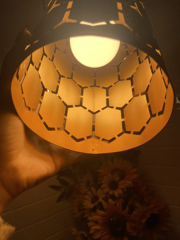 Interior of my pendant over my sink, it’s a black exterior with copper interior and honeycomb cutouts. The photo is glowing in a soft orange hue