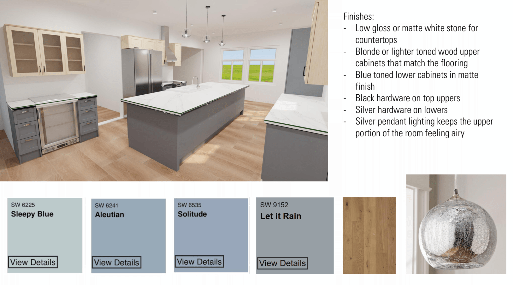 each photo is a presentation slide with a rendering of a large kitchen with a central island. this first slide shows a dusty blue base to the cabinets with a white marble counter, and blonde upper cabinets. 4 tones of blue with their color codes line the bottom, with a blonde wood finish and a silver globe light fixture. the finishes read: "low gloss or matte white stone for countertops. blonde or lighter toned wood upper cabinets that match the flooring. blue toned lower cabinets in matte finish. black hardware on top uppers. silver hardware on lowers. silver pendant lighting keeps the upper portion of the room feeling airy."