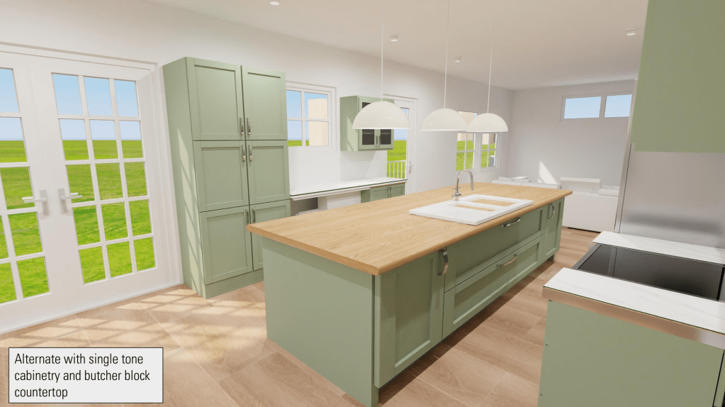 an alternate view of the kitchen from the opposite side shows the color rendering from the previous presentation with an alternate for solid sage uppers and lowers with the white counters on the main cabinets and a butcherblock for the island.