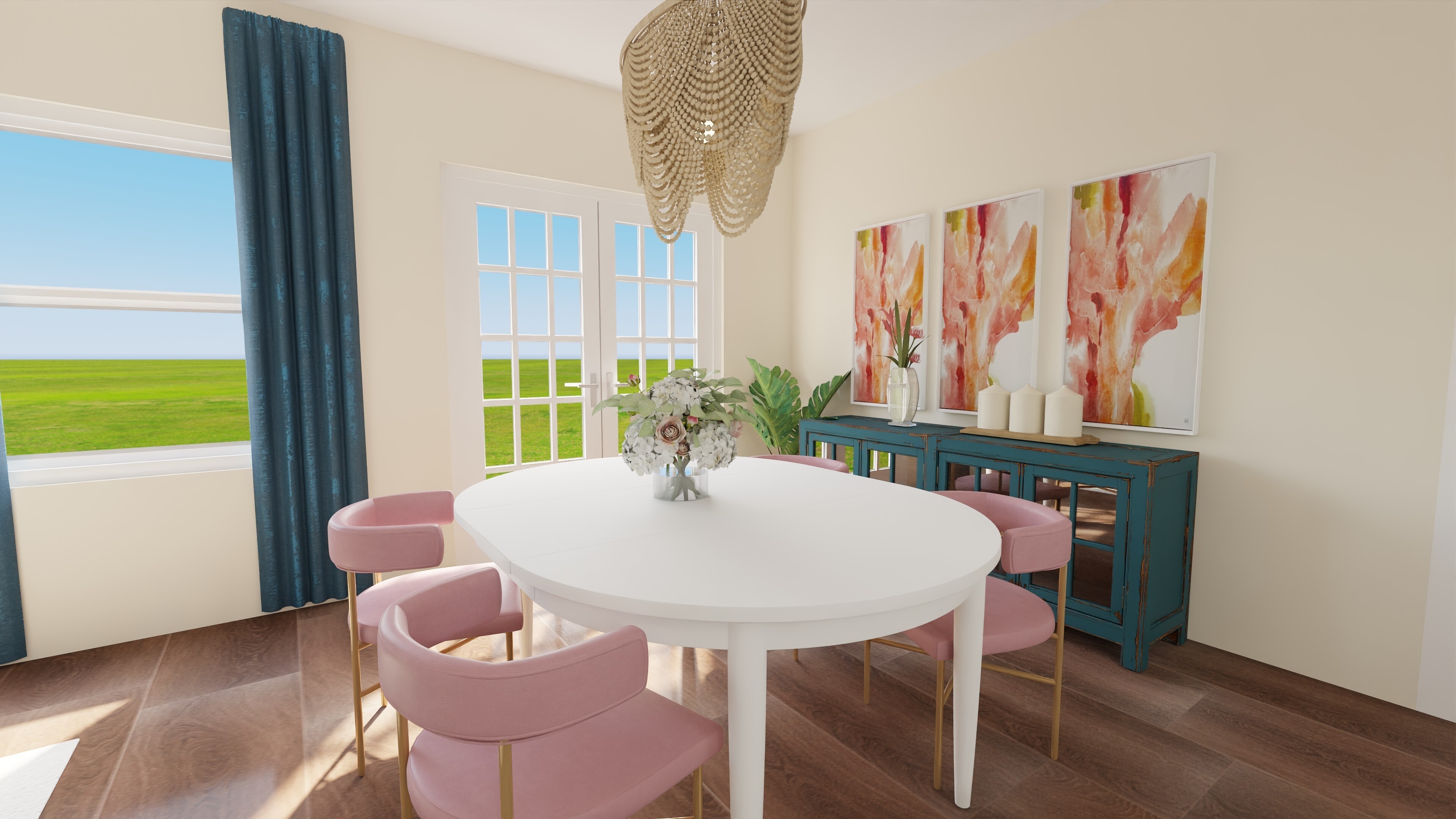 Turning now to face the dining area which sits just before large french doors, dusty pink chairs surround a round white table with a large wooden beaded chandelier hung above. Along the wall behind it, a gorgeous deep teal buffet table pulls the blue from the rest of the room. Atop it, a set of three pink and coral toned flower paintings fill the wall space.