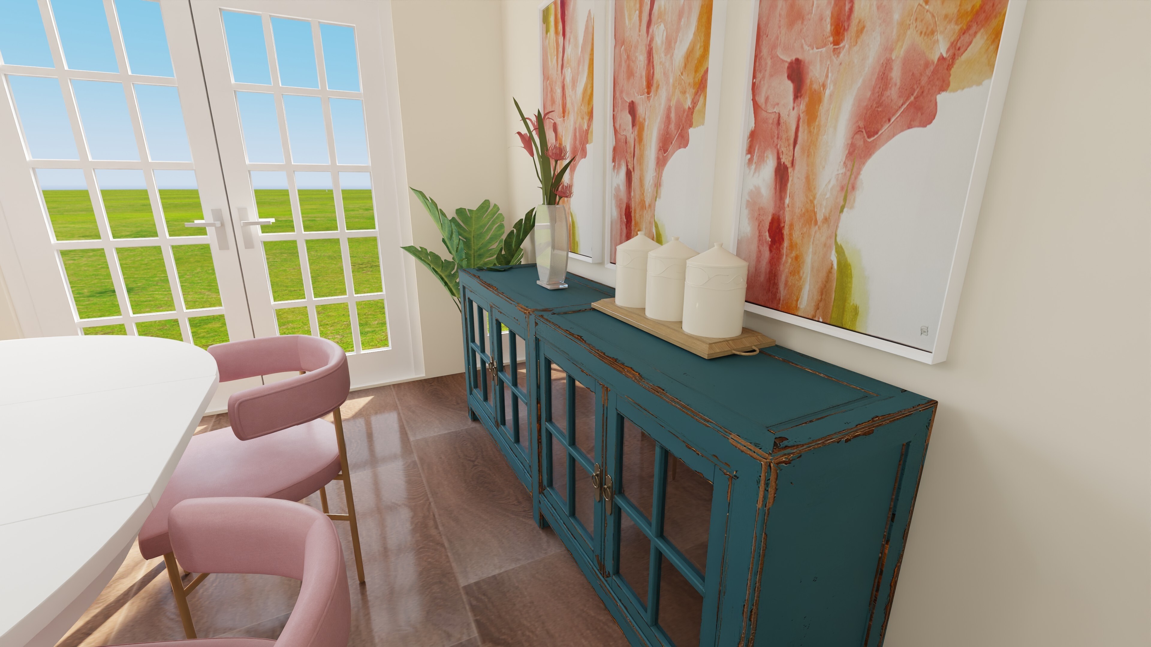 A close up of the buffet area where the buffet is topped with vases and candles. Faux plants continue to dapple the space.