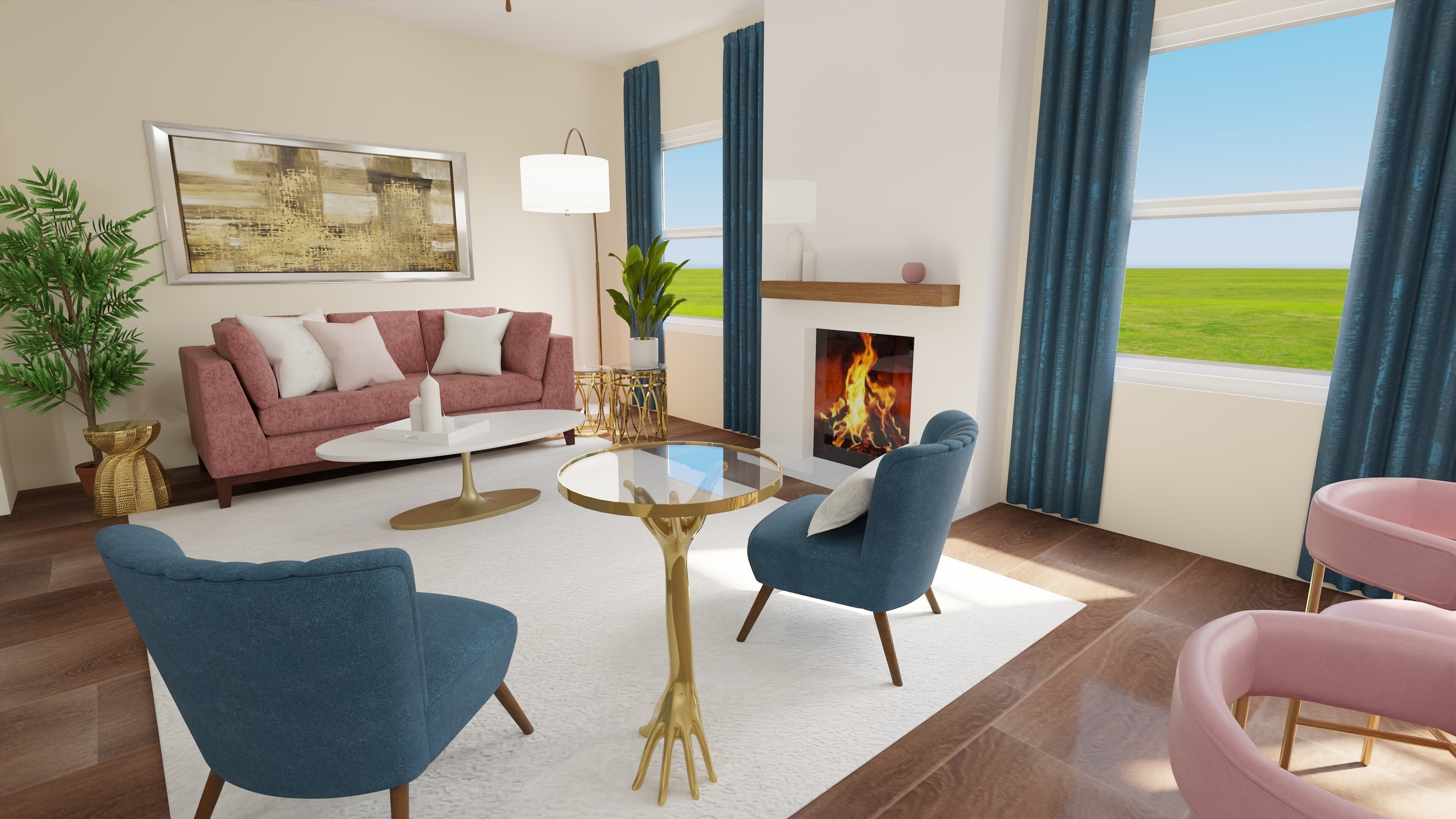 Walking further into the room behind the blue chairs looking towards the living space the dusty rose couch is framed by a variety of house plants and has a custom golden piece of artwork hung above. The couch layered with cream and pink pillows. From here you can see the golden peacock table nestled between the blue chairs.