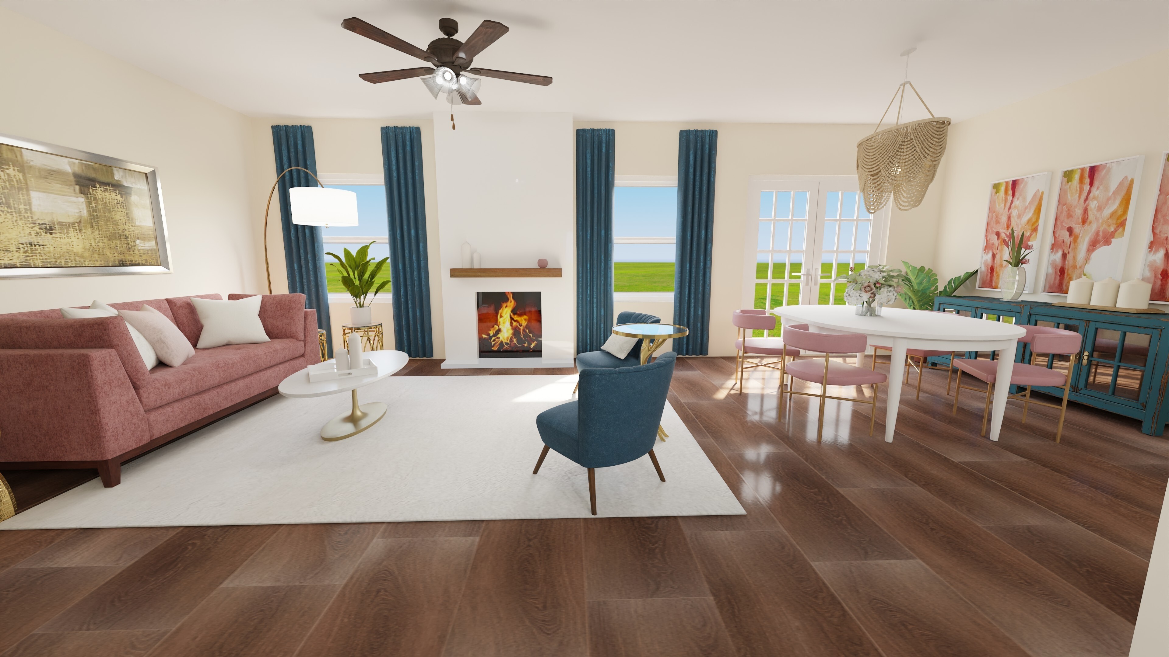 Entering in to a large open concept living space with vaulted ceilings and warm off white walls, tall navy curtains frame windows on either side of the white stone fireplace. A dusty rose couch is positioned on the left opposite two navy chairs all surrounding the fireplace. The dining room space is visible to the right.