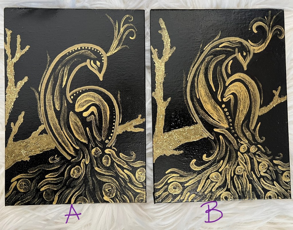 Two similar black panels with golden abstract peacocks each perched on a glittery gold branch, their tails spilling out below. The panels vary with panel A having more accent dots in the body and smaller head feathers. Panel B has a more filled in body with more swirly  head feathers. 