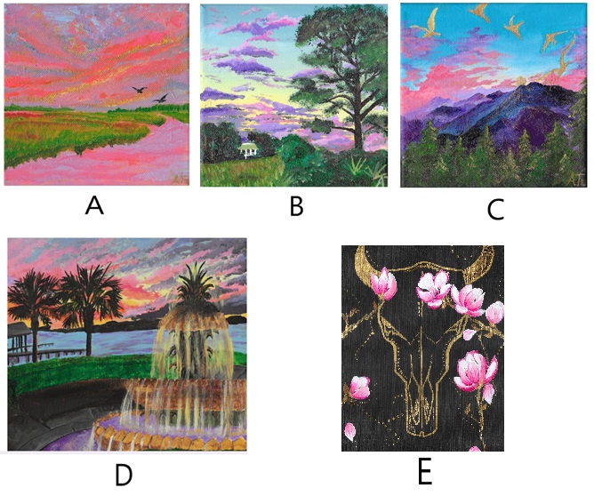 A - pink sunset over the marsh
B - lavender skies over folly
C - sunset in the blue ridge mountains
D - sunset at waterfront park with the pineapple fountain
E - golden cow skull with pink magnolia flowers